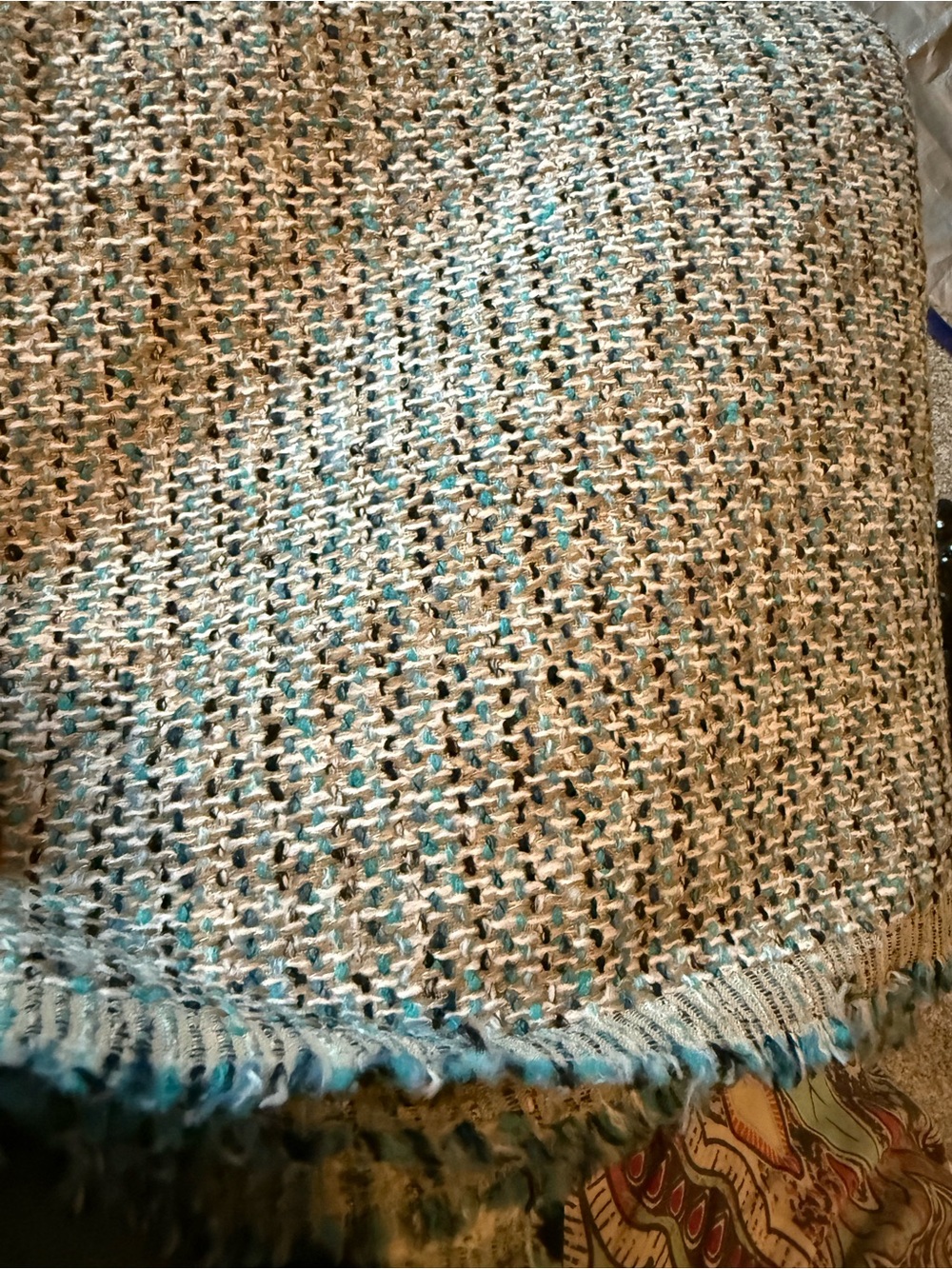 Upholstery fabric- tweed with navy teal tan colors, 2 yards